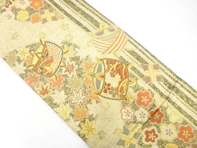 アンティーク　糸巻きに楓・梅模様織出し袋帯（材料）